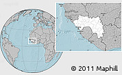 Blank Location Map of Guinea, gray outside, hill shading outside