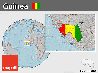 Flag Location Map of Guinea, gray outside, hill shading outside