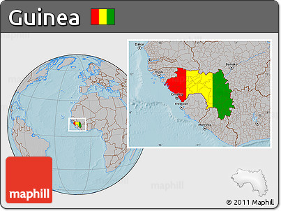 Flag Location Map of Guinea, gray outside, hill shading outside