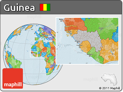 Gray Location Map of Guinea, political outside, hill shading