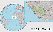 Savanna Style Location Map of Guinea, gray outside, hill shading inside
