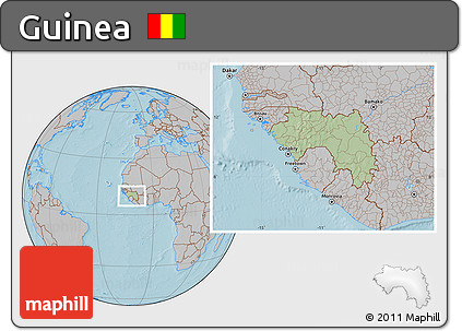 Savanna Style Location Map of Guinea, gray outside, hill shading