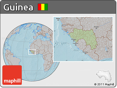 Savanna Style Location Map of Guinea, gray outside, hill shading