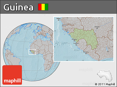 Savanna Style Location Map of Guinea, gray outside, hill shading