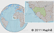 Savanna Style Location Map of Guinea, gray outside, hill shading