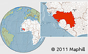Savanna Style Location Map of Guinea, highlighted continent, hill shading
