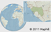 Savanna Style Location Map of Guinea, lighten, land only, hill shading