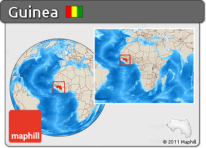 Shaded Relief Location Map of Guinea, within the entire continent