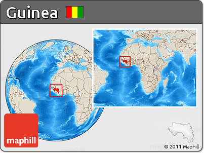 Shaded Relief Location Map of Guinea, within the entire continent