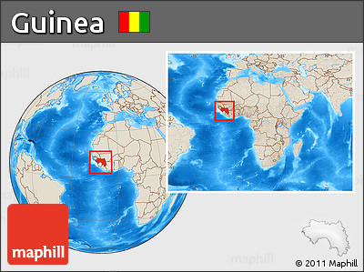Shaded Relief Location Map of Guinea, within the entire continent