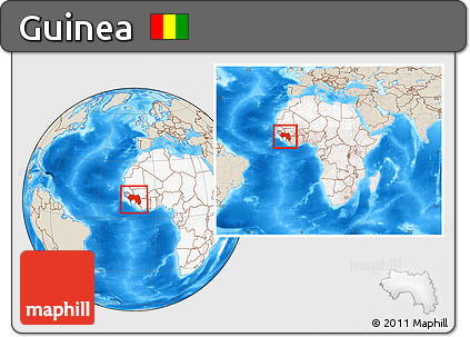 Shaded Relief Location Map of Guinea, highlighted continent, within the entire continent