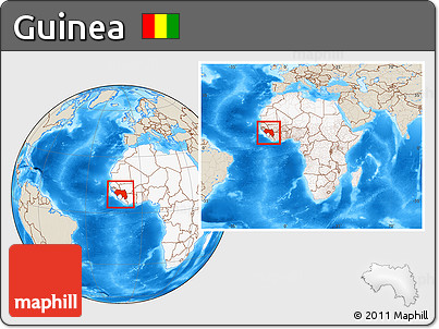 Shaded Relief Location Map of Guinea, highlighted continent, within the entire continent