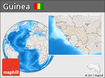 Shaded Relief Location Map of Guinea, lighten, semi-desaturated, land only