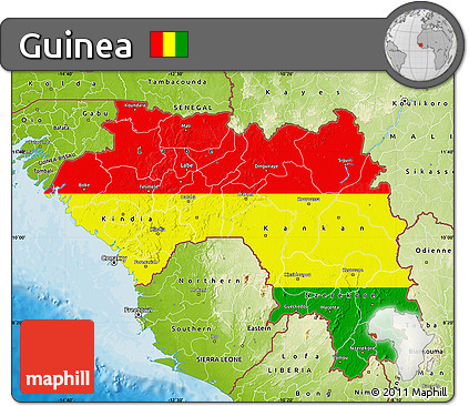 Flag Map of Guinea, physical outside, bathymetry sea, flag rotated