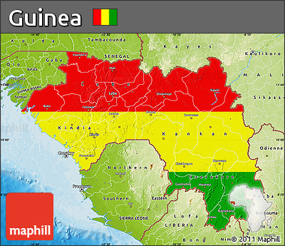 Flag Map of Guinea, physical outside, bathymetry sea, flag rotated