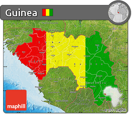 Flag Map of Guinea, satellite outside, bathymetry sea, flag centered