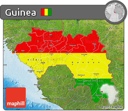 Flag Map of Guinea, satellite outside, bathymetry sea, flag rotated