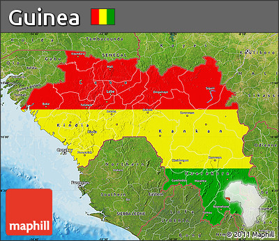 Flag Map of Guinea, satellite outside, bathymetry sea, flag rotated