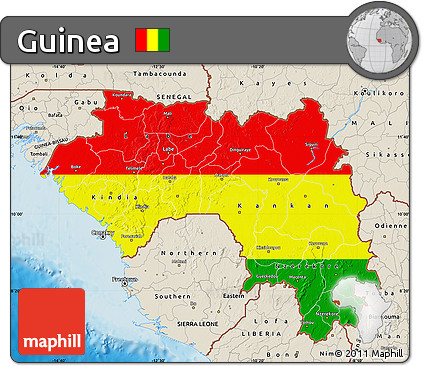 Flag Map of Guinea, shaded relief outside, flag rotated