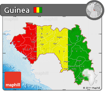 Flag Map of Guinea, single color outside, bathymetry sea, shaded relief sea, flag centered