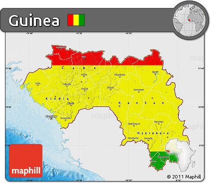 Flag Map of Guinea, single color outside, bathymetry sea, shaded relief sea, flag aligned to the middle