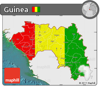 Flag Map of Guinea, single color outside, satellite sea, flag centered