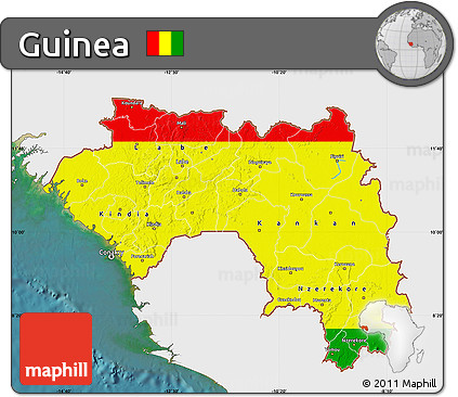 Flag Map of Guinea, single color outside, satellite sea, flag aligned to the middle