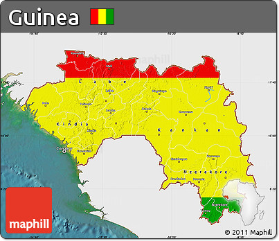 Flag Map of Guinea, single color outside, satellite sea, flag aligned to the middle