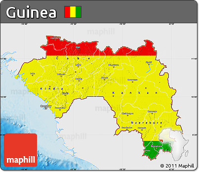 Flag Map of Guinea, single color outside, shaded relief sea, flag aligned to the middle