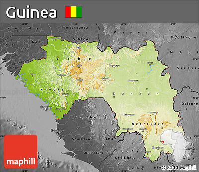 Physical Map of Guinea, darken, desaturated