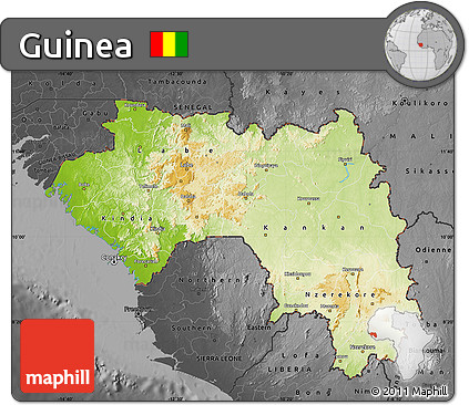 Physical Map of Guinea, darken, desaturated