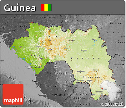 Physical Map of Guinea, darken, desaturated