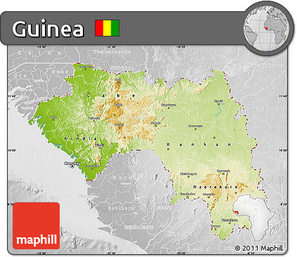 Physical Map of Guinea, lighten, desaturated