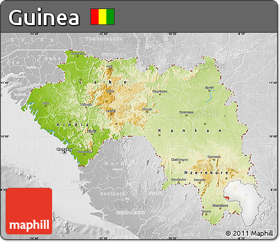 Physical Map of Guinea, lighten, desaturated