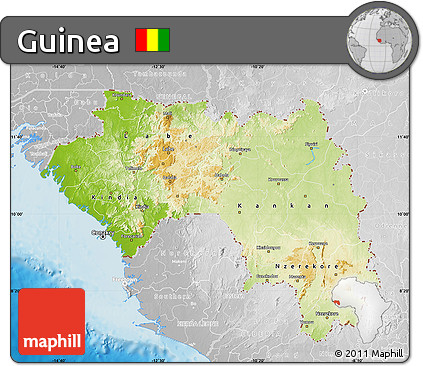 Physical Map of Guinea, lighten, desaturated, land only