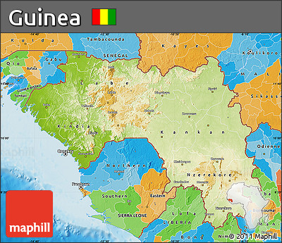 Physical Map of Guinea, political outside, shaded relief sea
