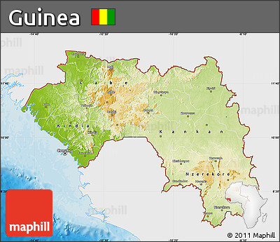 Physical Map of Guinea, single color outside, bathymetry sea, shaded relief sea