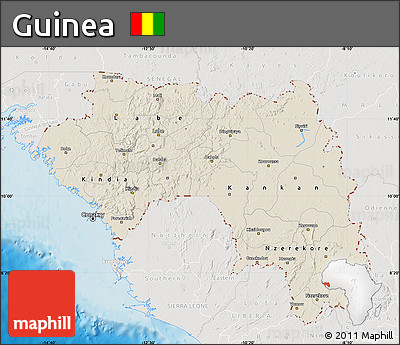 Shaded Relief Map of Guinea, lighten, semi-desaturated, land only