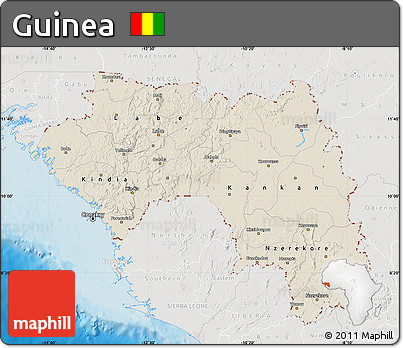 Shaded Relief Map of Guinea, lighten, semi-desaturated, land only