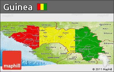 Flag Panoramic Map of Guinea, physical outside, bathymetry sea, flag centered
