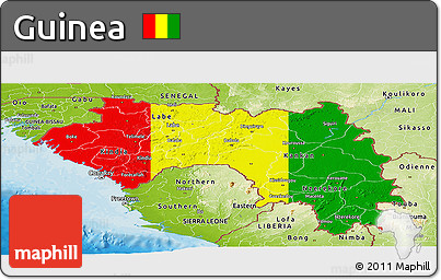 Flag Panoramic Map of Guinea, physical outside, bathymetry sea, flag centered