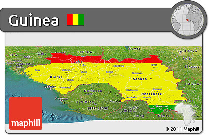Flag Panoramic Map of Guinea, satellite outside, flag aligned to the middle
