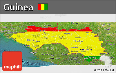 Flag Panoramic Map of Guinea, satellite outside, flag aligned to the middle