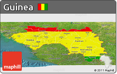 Flag Panoramic Map of Guinea, satellite outside, flag aligned to the middle