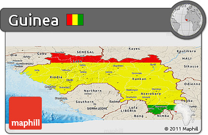 Flag Panoramic Map of Guinea, shaded relief outside, bathymetry sea, flag aligned to the middle