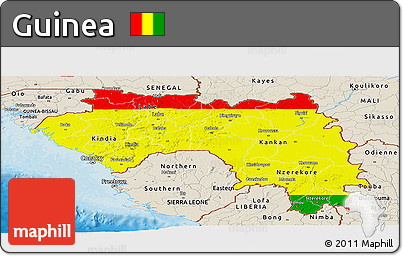 Flag Panoramic Map of Guinea, shaded relief outside, bathymetry sea, flag aligned to the middle