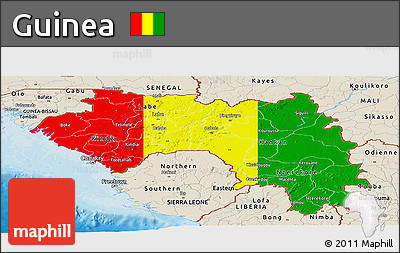Flag Panoramic Map of Guinea, shaded relief outside, bathymetry sea