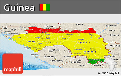 Flag Panoramic Map of Guinea, shaded relief outside, flag aligned to the middle