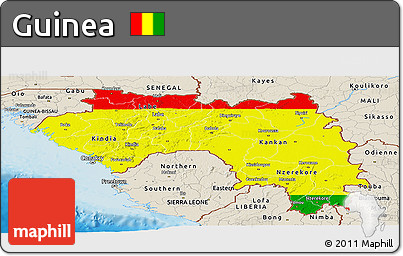 Flag Panoramic Map of Guinea, shaded relief outside, flag aligned to the middle
