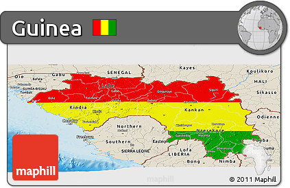 Flag Panoramic Map of Guinea, shaded relief outside, flag rotated